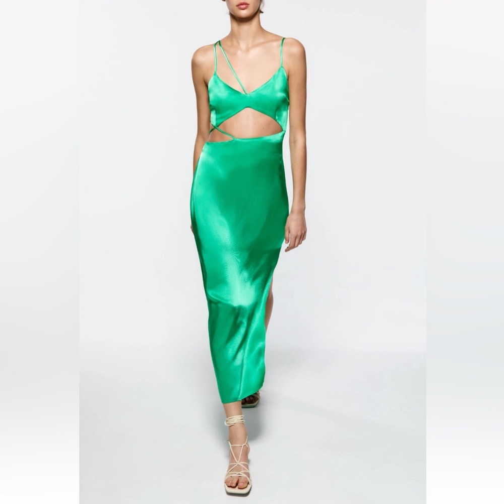 NWT ZARA Green Asymmetric Cut Out Satin Finish Midi Dress Size M